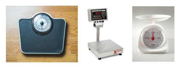 A home weighing scale, an Ohaus Checkweigher, and a kitchen scale.